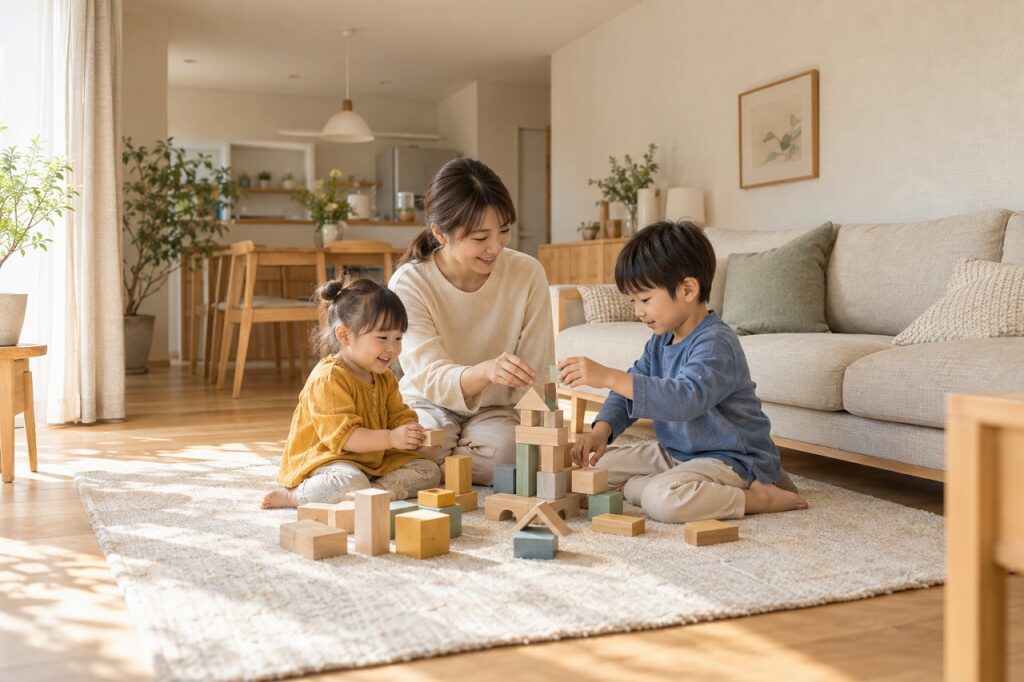 明るいリビングで、親子が積み木をして過ごすイメージ