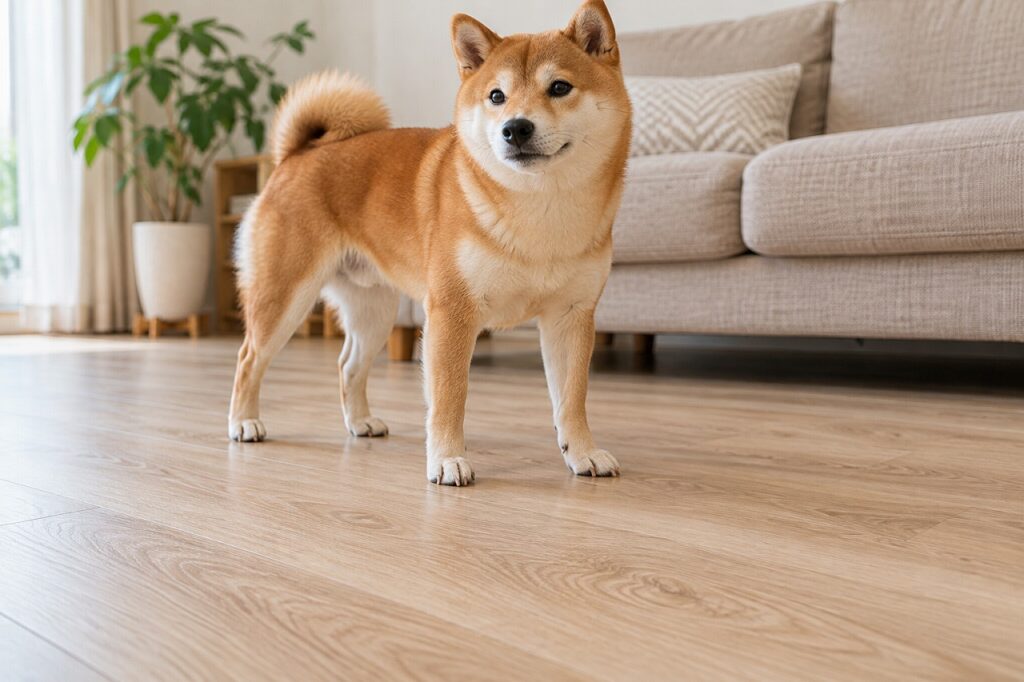 木目調の床の上に立つ犬と、足元の仕上がりのイメージ