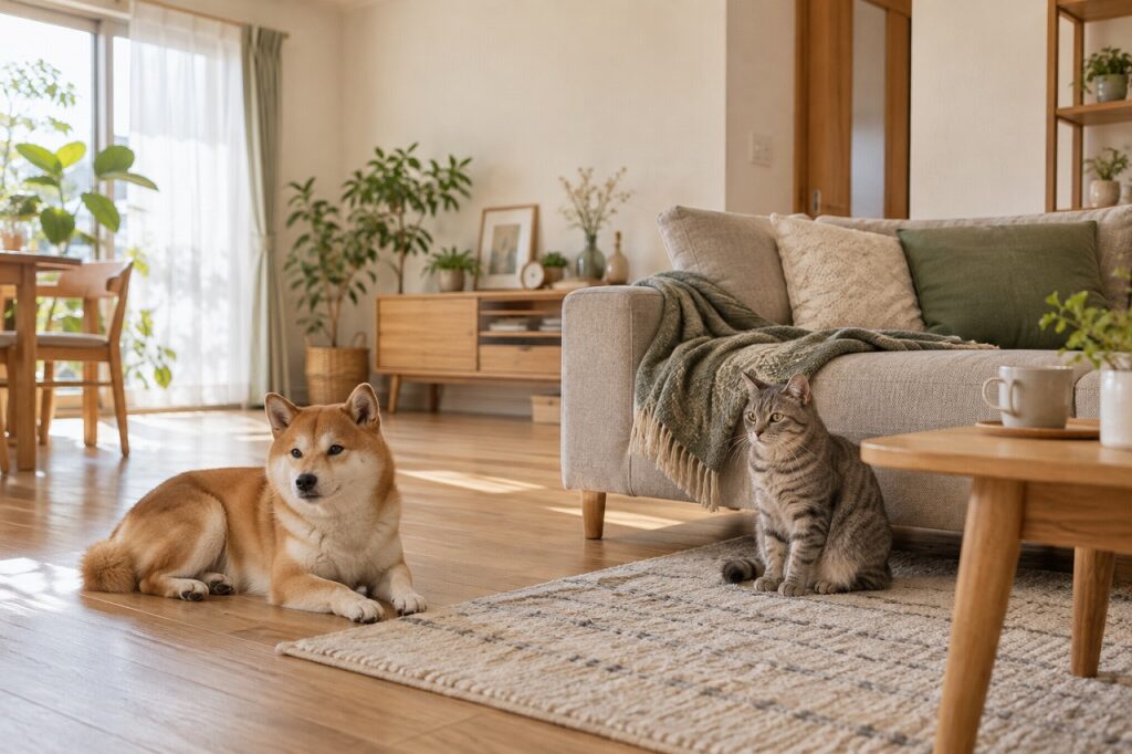 犬と猫がくつろぐ、明るいリビングのイメージ
