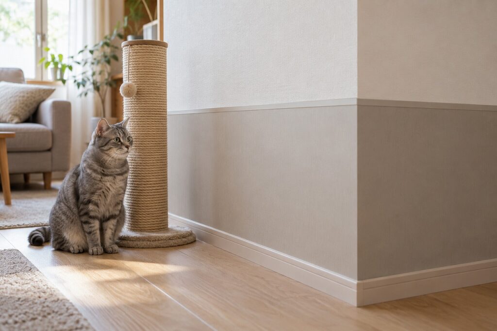壁の下部に保護材を設け、猫の爪とぎ器を置いた室内のイメージ