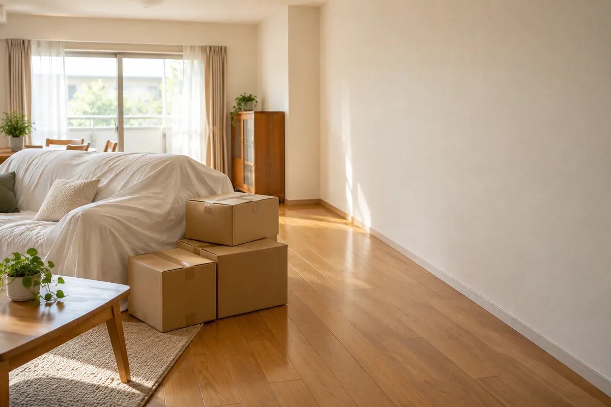 家具を部屋の中央側に寄せ、荷物をまとめた壁紙張り替え前の準備イメージ